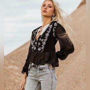 - Embroidered Mesh Peplum Top